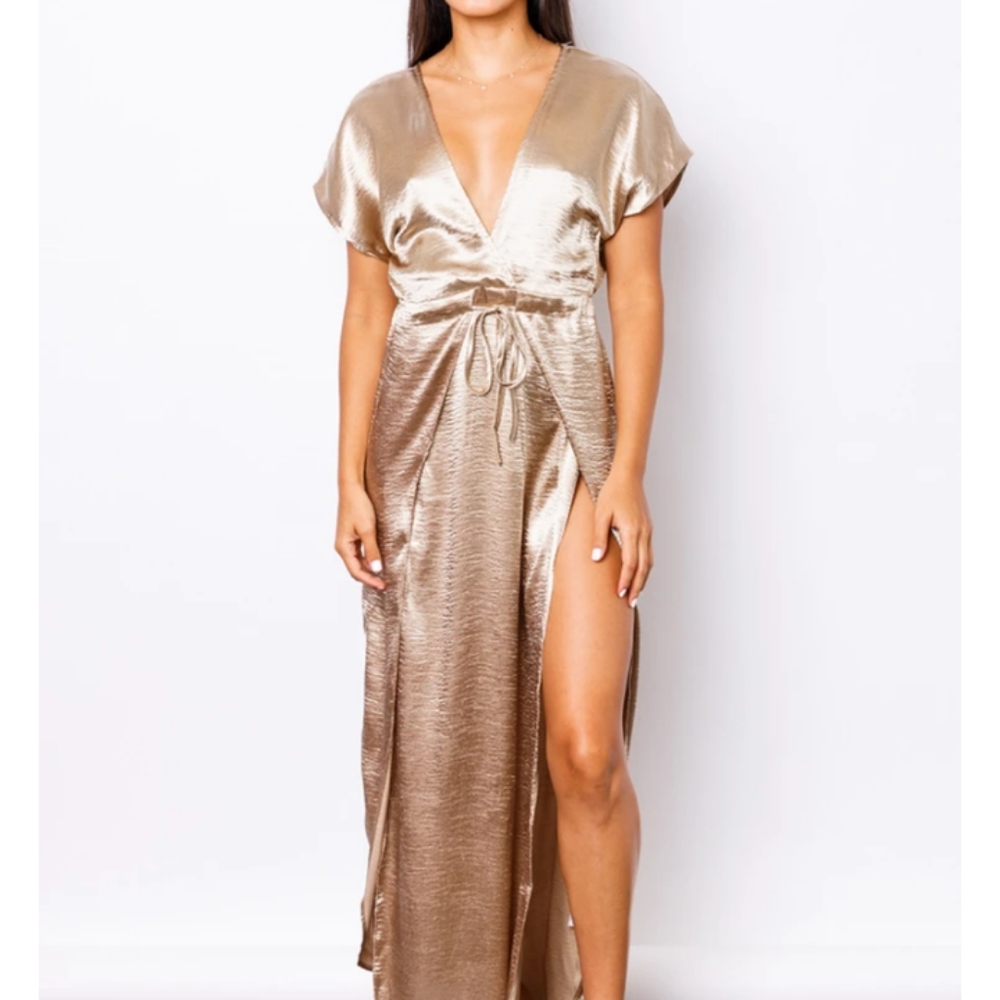 Radiance Gold Slit Front V Neck Dress